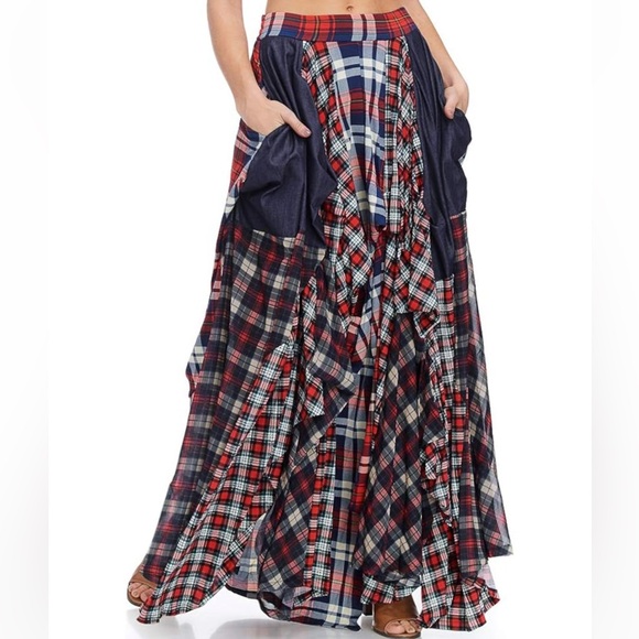 Asymmetrical Plaid Skirt in Red blue and Black elastic waistband - Picture 6 of 9